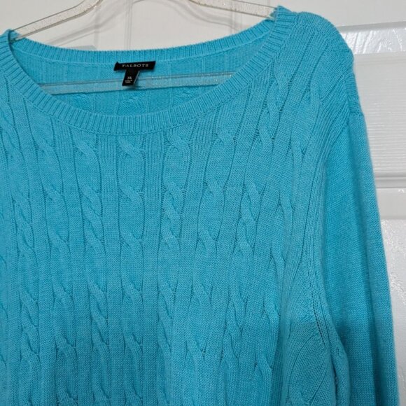 Talbots Button Cuff Cable Knit Tweed Sweater Womens Size XL Blue Lambswool Blend - Picture 2 of 9